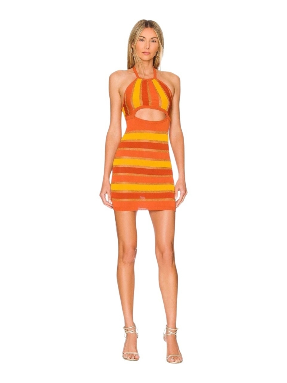 For Love & Lemons Orange & Yellow Striped Halter Cutout Mini Dress NWT Sz Small